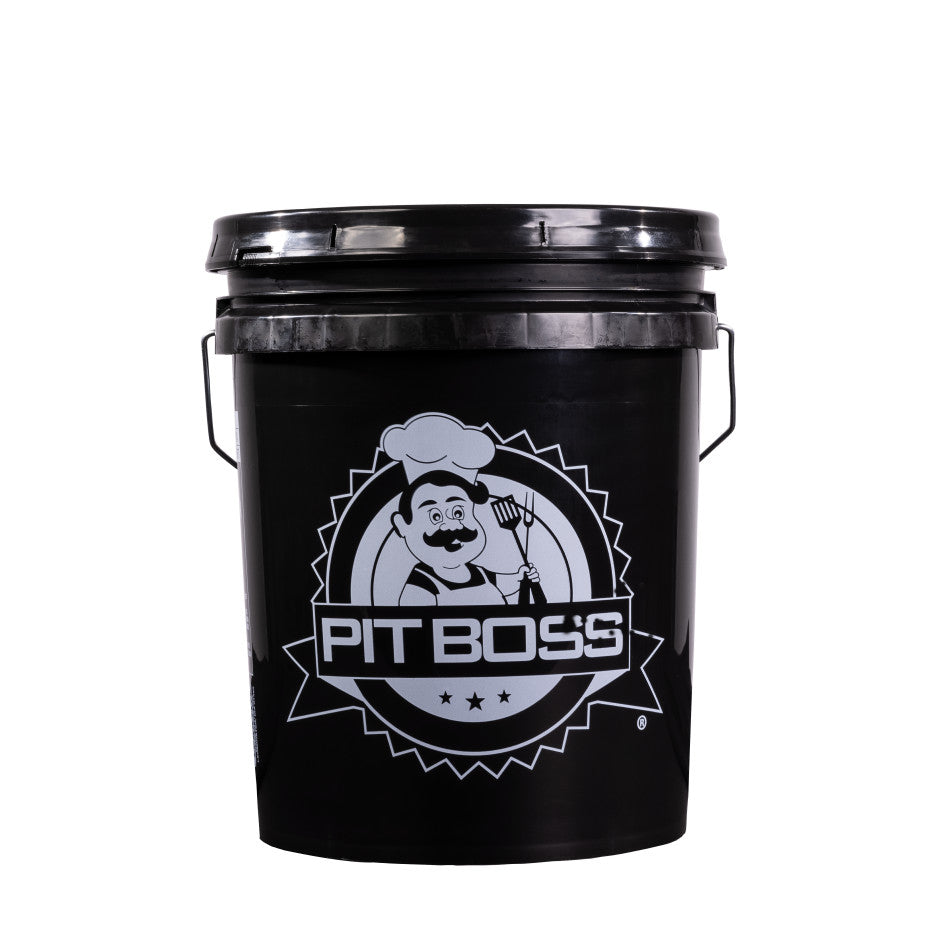 Pit Boss 5-Gallon Pellet Storage Bucket. Black bucket with Large Pit Boss logo in middle.