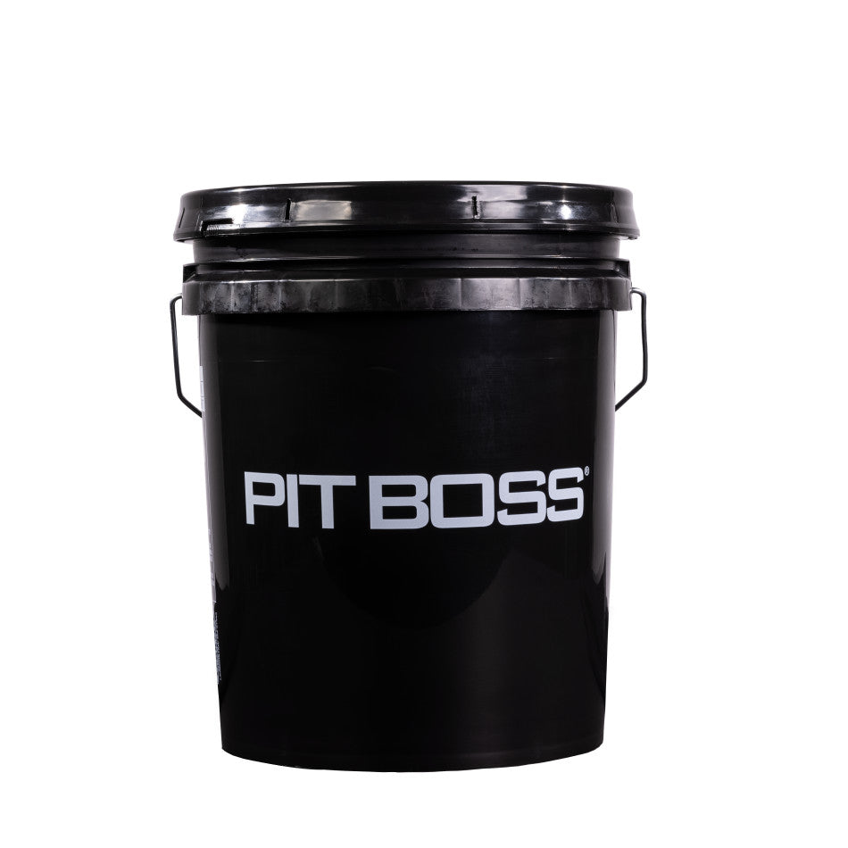 Pit Boss 5-Gallon Pellet Storage Bucket. Black bucket with Large Pit Boss logo in middle, back side