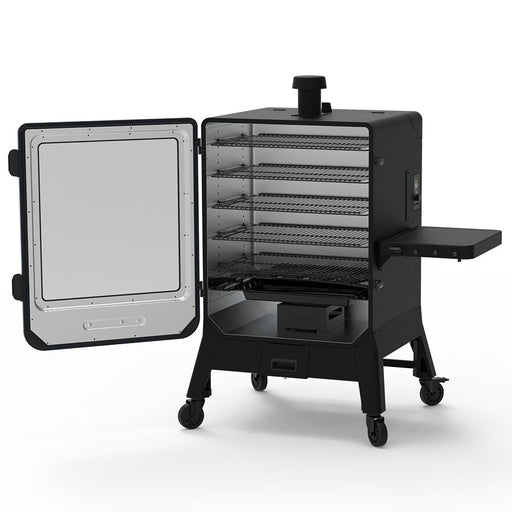 Pit Boss Navigator 6-Series Vertical Smoker, black and grey, side angle cabinet door open to show 5 cooking racks