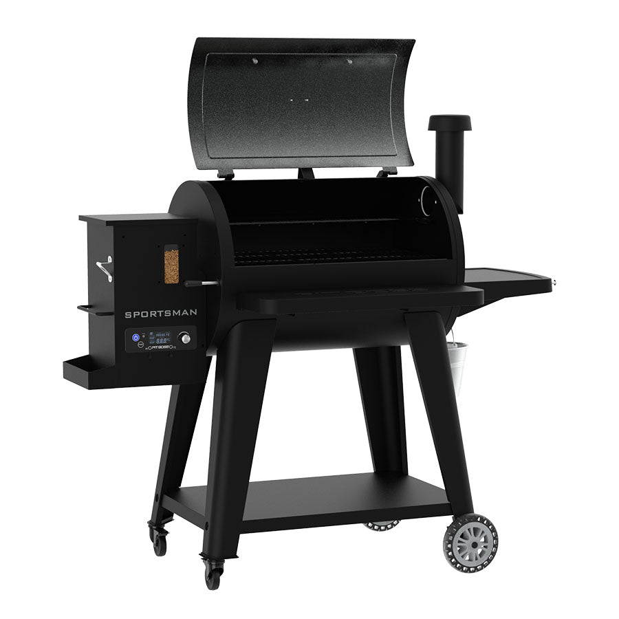 Pit Boss Grills Sportsman 850 Wood Pellet Grill, black and grey, side angle, barrel open to reveal cooking racks
