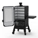 Pit Boss Navigator 3 Series Vertical Smoker, black and grey, cabinet door open to show 5 cooking shelves, side angle