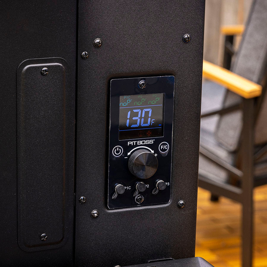 Pit Boss Navigator 3 Series Vertical Smoker, setting temperature on digital control board with wifi to connect to pit boss app