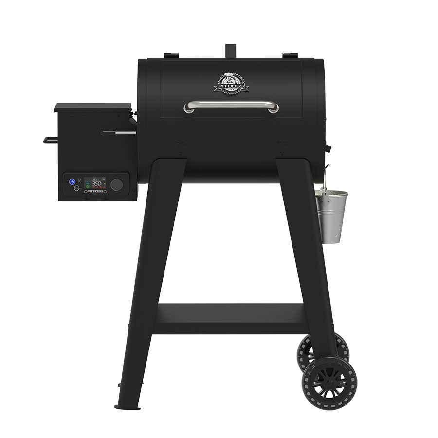 Pit Boss 500FB2 Wood Pellet Grill, black with silver handle and grease bucket for bbq grilling and smoking
