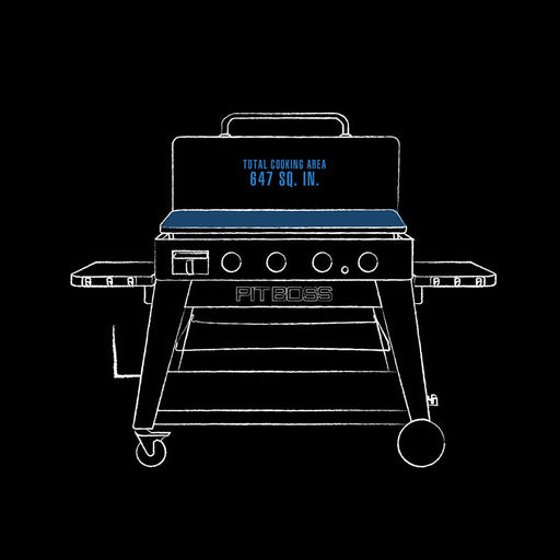 blue and white line drawing of interior dimensions of griddle. black background