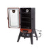 red and black vertical smoker with white pit boss logo and lettering. side angle view,  door open