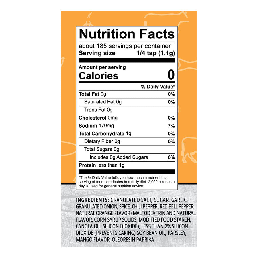 Pit Boss Mango Magic BBQ Rub Spice Bottle, Yellow and White Label with Nutritional facts