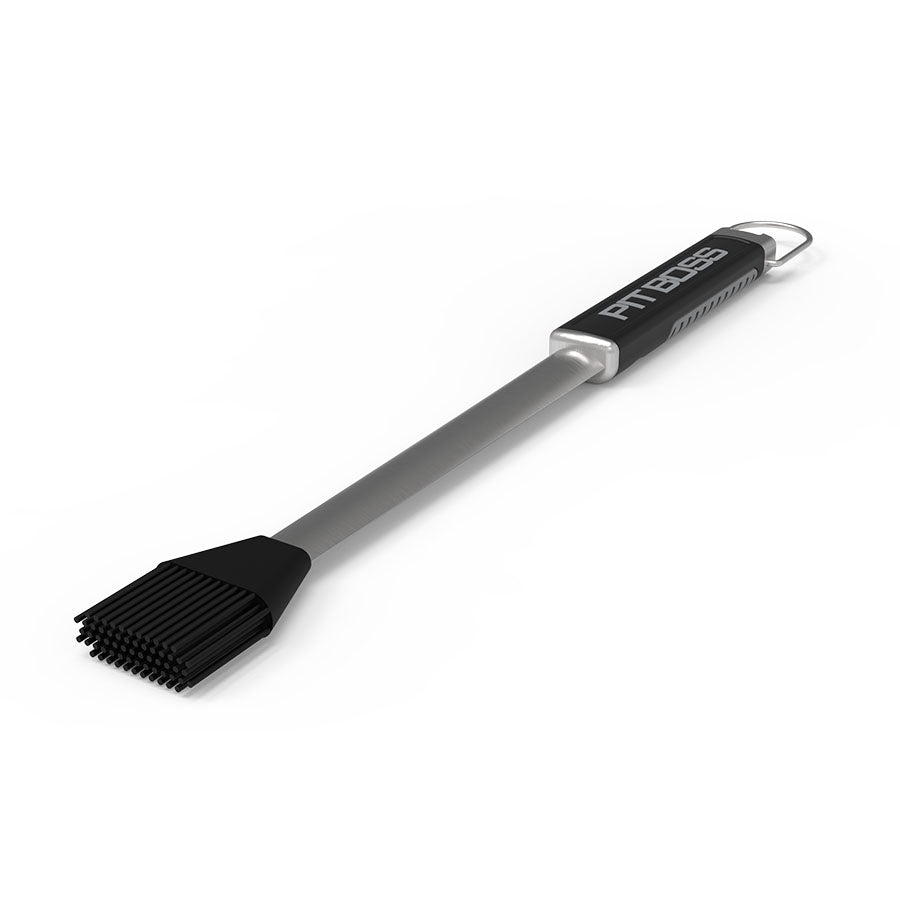 Pit Boss Grills BBQ Sauce Mop made with stainless steel and silicone. Dishwasher safe with black handle and grey Pit Boss logo, side angle