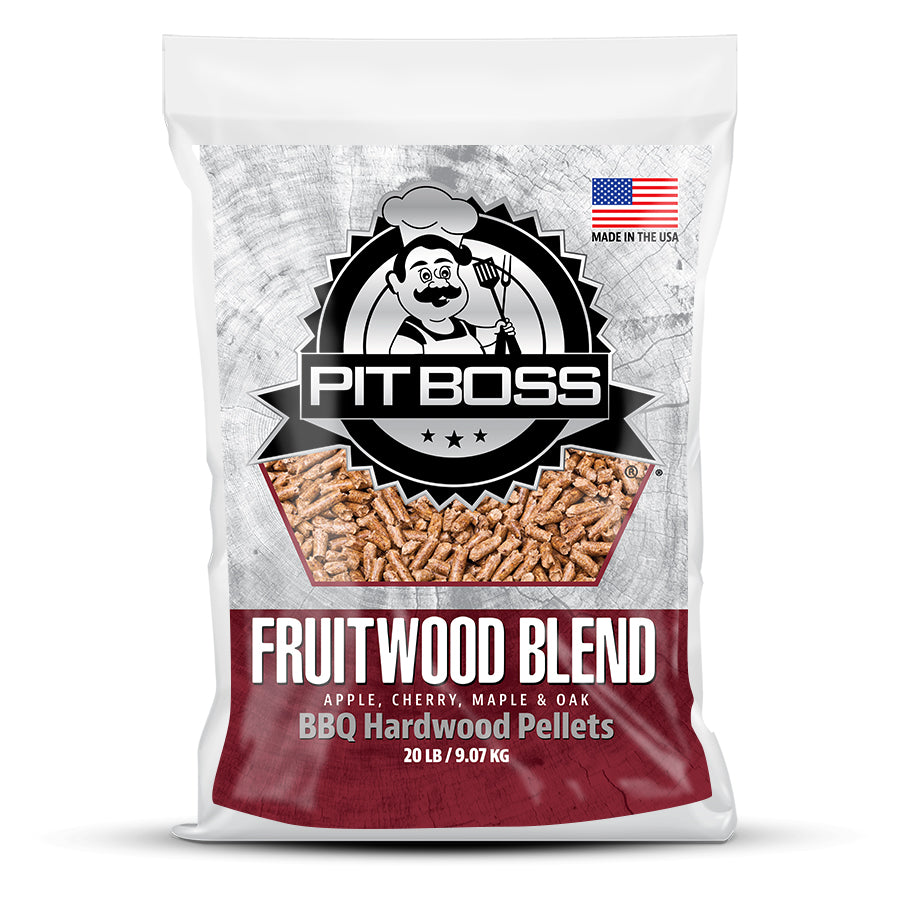 Pit Boss 20 lb Fruitwood Blend Hardwood Pellets.  Brown wood background. White and red font with large Pit Boss Logo. Made in the US.