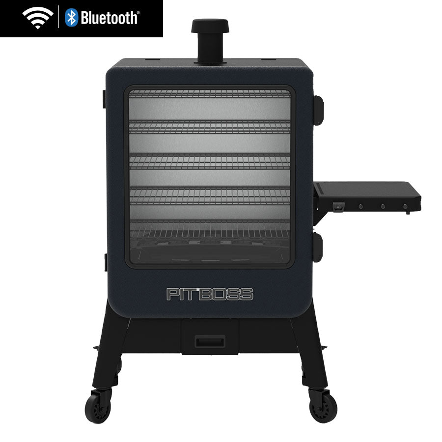 Pit Boss Navigator 6-Series Vertical Smoker, black and grey with chimney exhaust, side shelf and digital control board, front angle