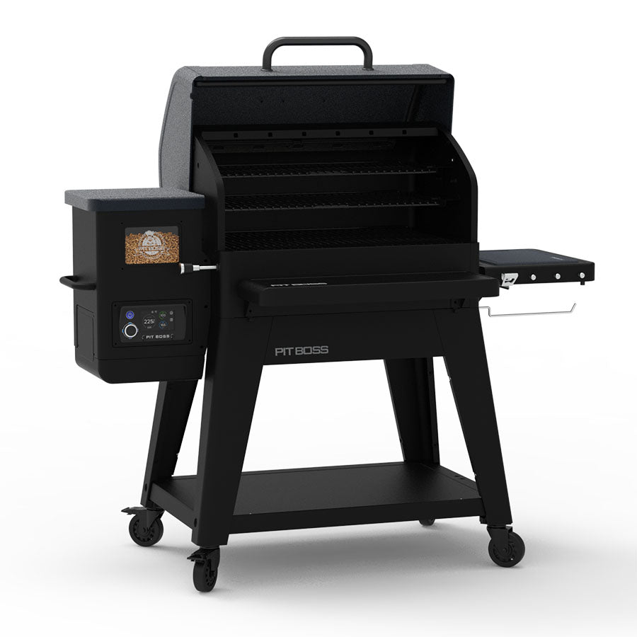 Pit Boss Navigator 1300M Wood Pellet Grill, black and grey smoker, side angle opened to reveal cooking racks