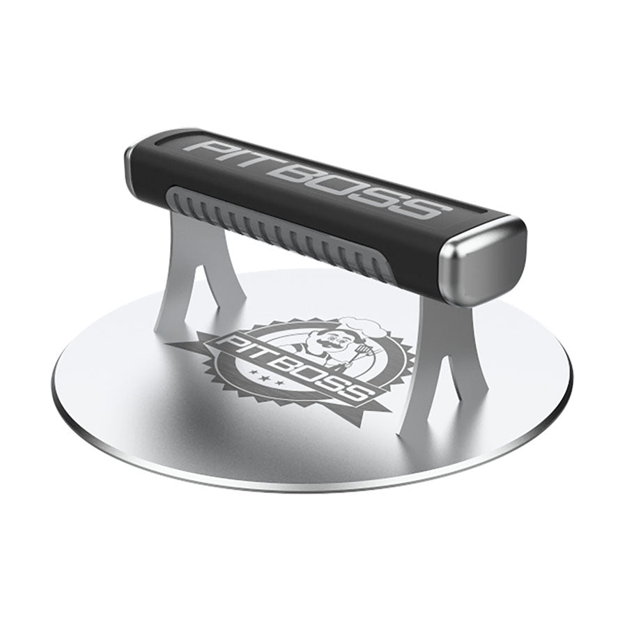 Pit Boss Smash Burger Press, silver with black handle and large pit boss logo