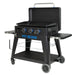 lifestyle_3, Black griddle with bright blue and silver accents with large Pit Boss logo in blue on front. Side angle view. Grill hood open