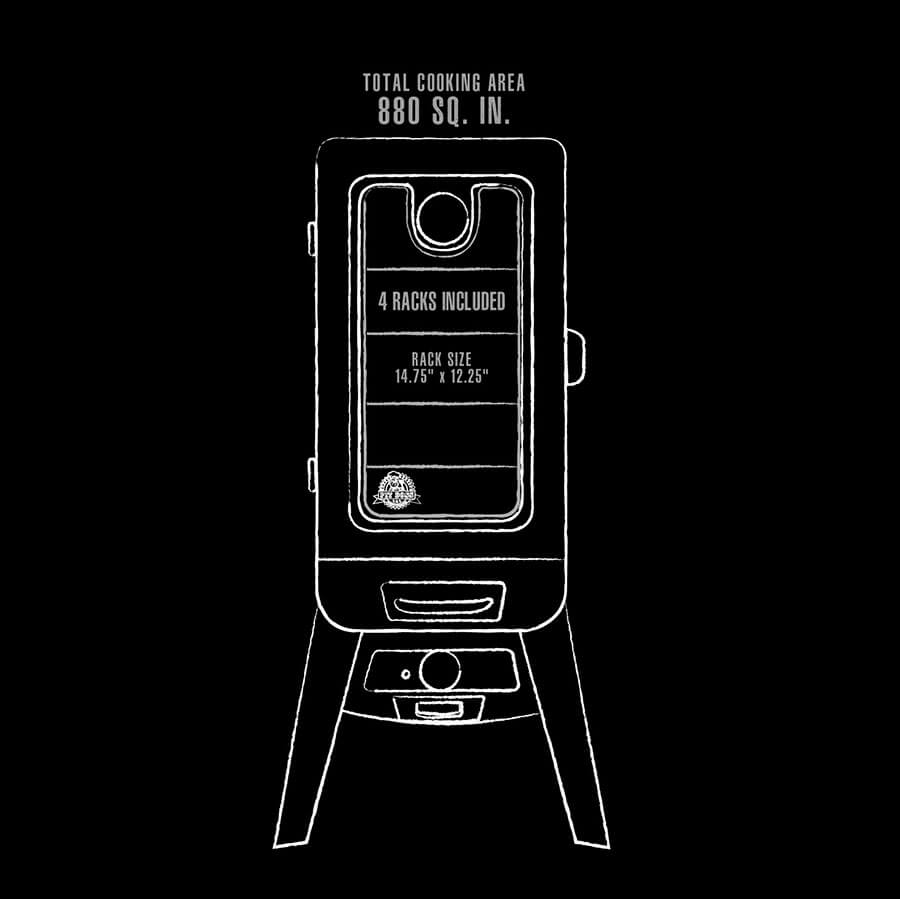 White graphic representation of the interior dimensions of the smoker.
