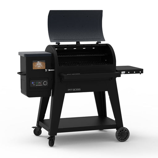 Pit Boss Navigator 850 Wood Pellet Grill with Wi-Fi, black and grey grill. side angle with barrel open