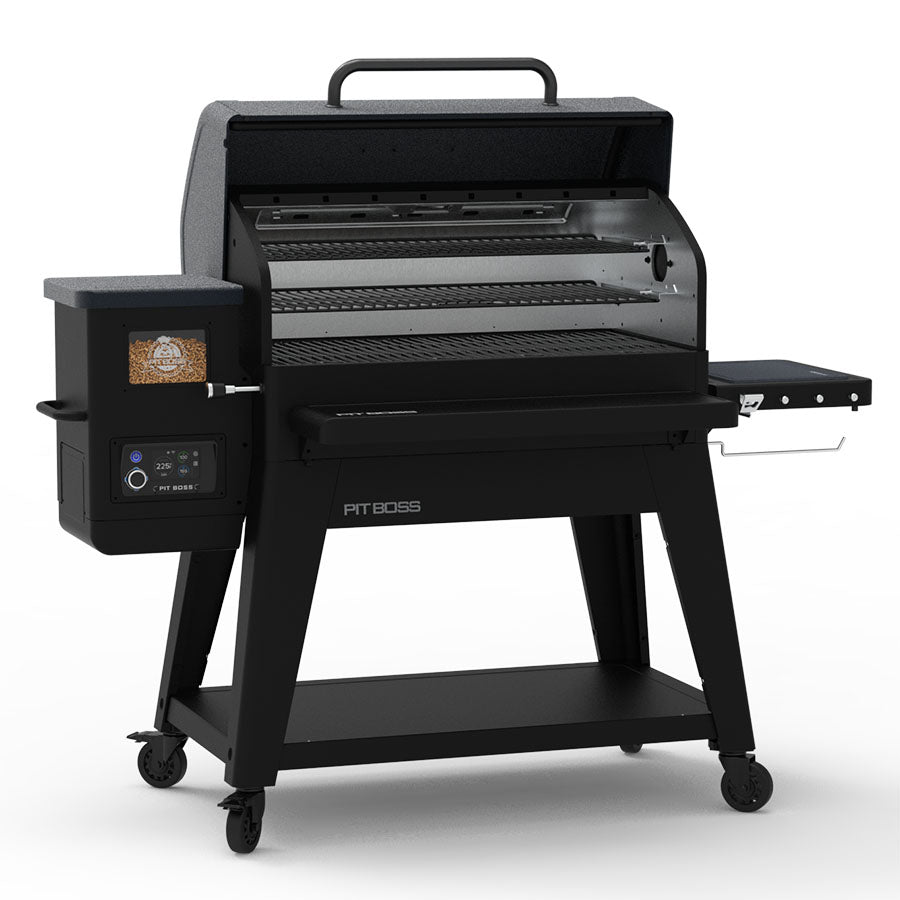 Pit Boss Navigator 1600 Wood Pellet Grill, black and grey grill, side angle with barrel open to reveal cooking grids