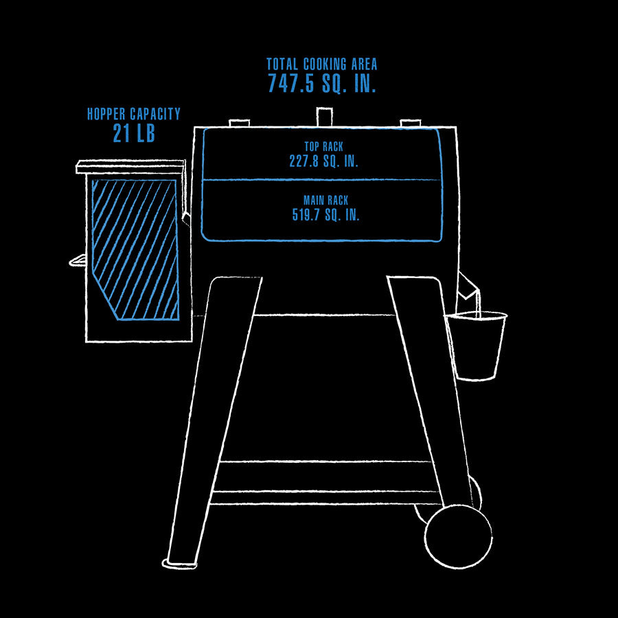 Pit Boss 700FB2 Grill Interior Dimension line drawing, black with blue lines