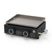 Pit Boss 2-Burner Tabletop Griddle. Displaying both the front view and a side view of the portable griddle. Black with blue accents.