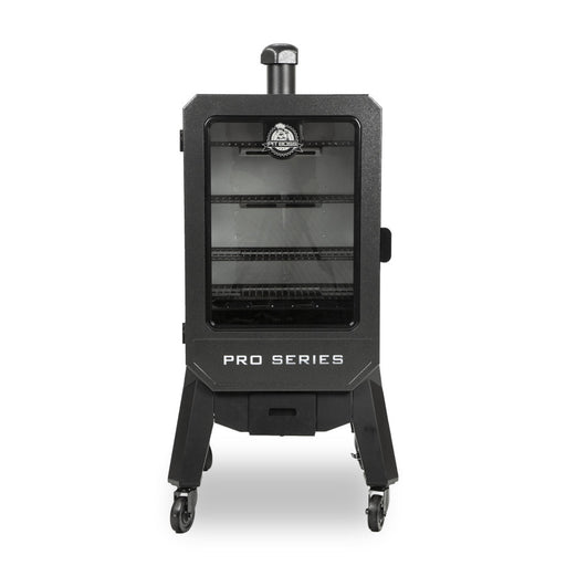 lifestyle_1, Black smoker with small Pit boss logo on transparent door and engraved "Pro Series" on front