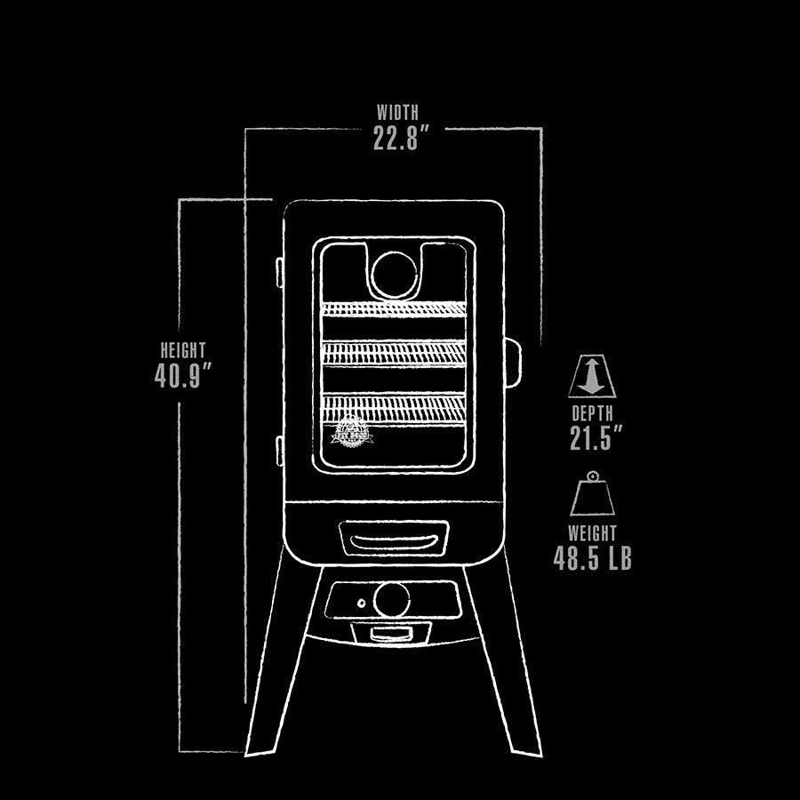 White graphic representation of the exterior dimensions of the smoker.