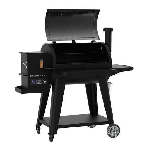 Pit Boss Grills Sportsman 850 Wood Pellet Grill, black and grey, side angle, barrel open to reveal cooking racks