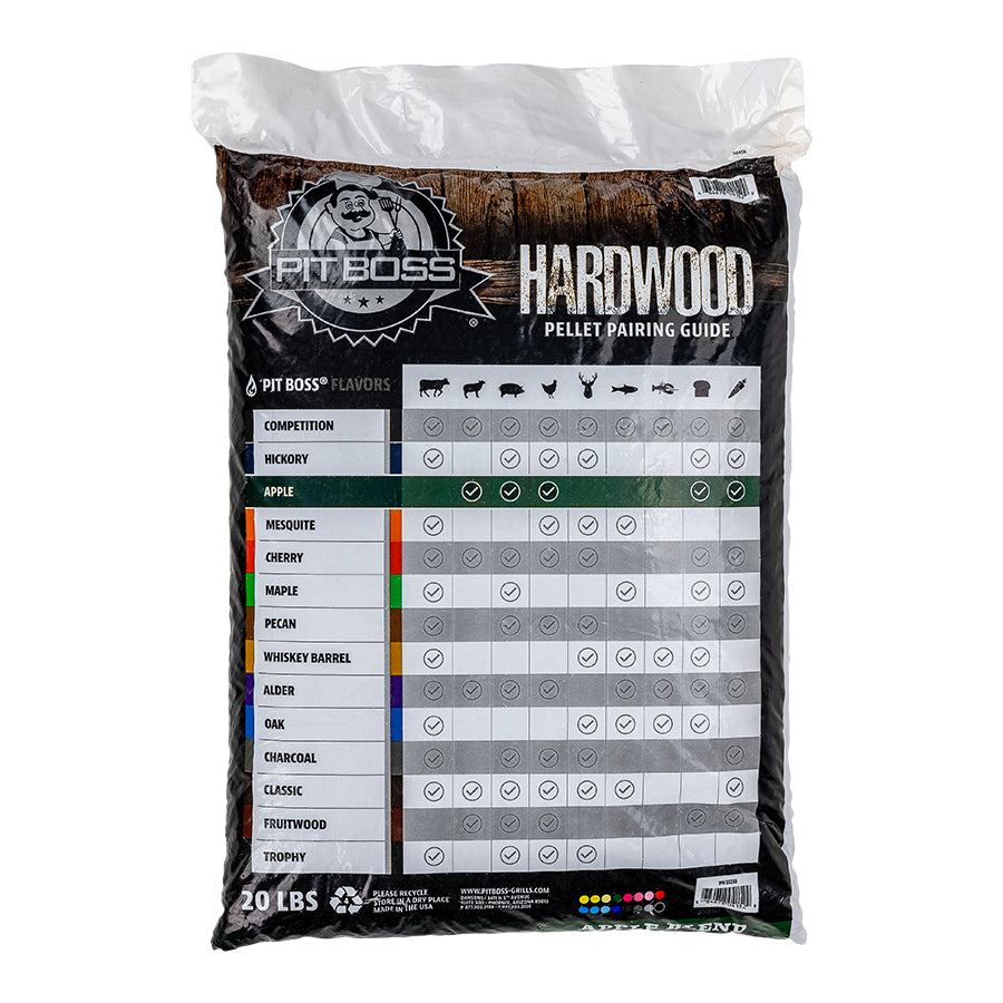lifestyle_1, back of bag "hardwood pellet pairing guide" chart of wood pellet flavors