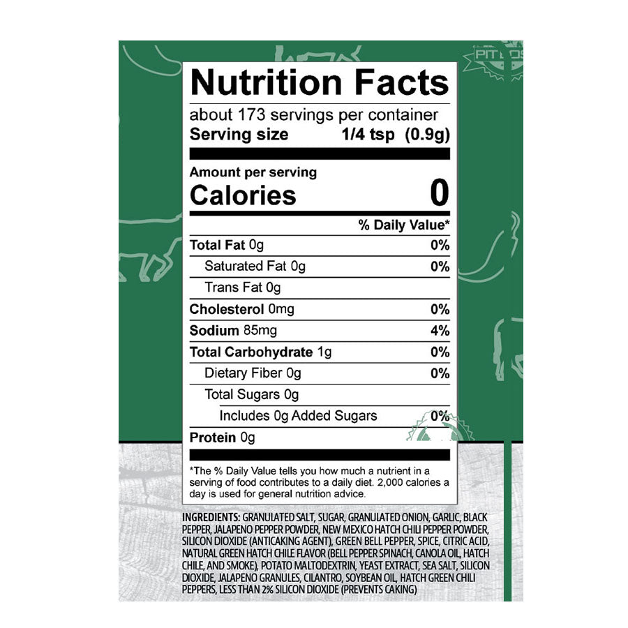 Pit Boss Hatch Chili Verde BBQ Rub Spice Label, Green and White with Nutrition Facts