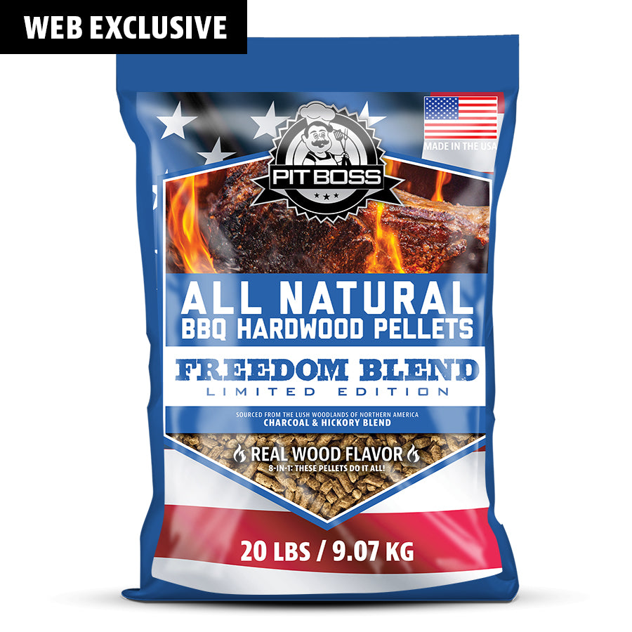 Pit Boss 20 lb Freedom Blend Hardwood Pellets. American flag background with blue and white font on bag. Made in the USA.