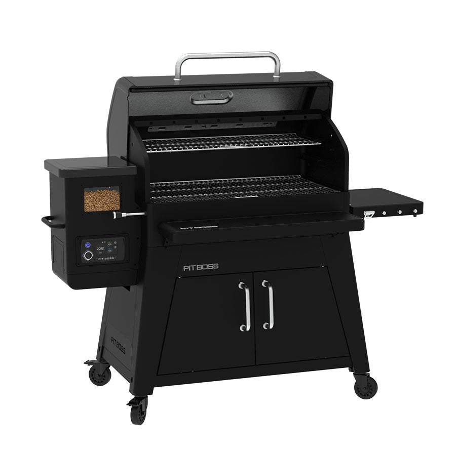 pit boss heritage wood pellet grill, side angle with shelf up and barrel open to reveal cooking grids