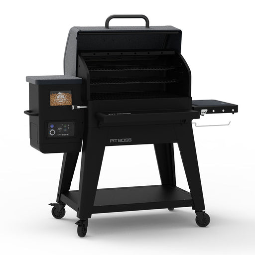 Pit Boss Navigator 1300M Wood Pellet Grill, black and grey smoker, side angle opened to reveal cooking racks