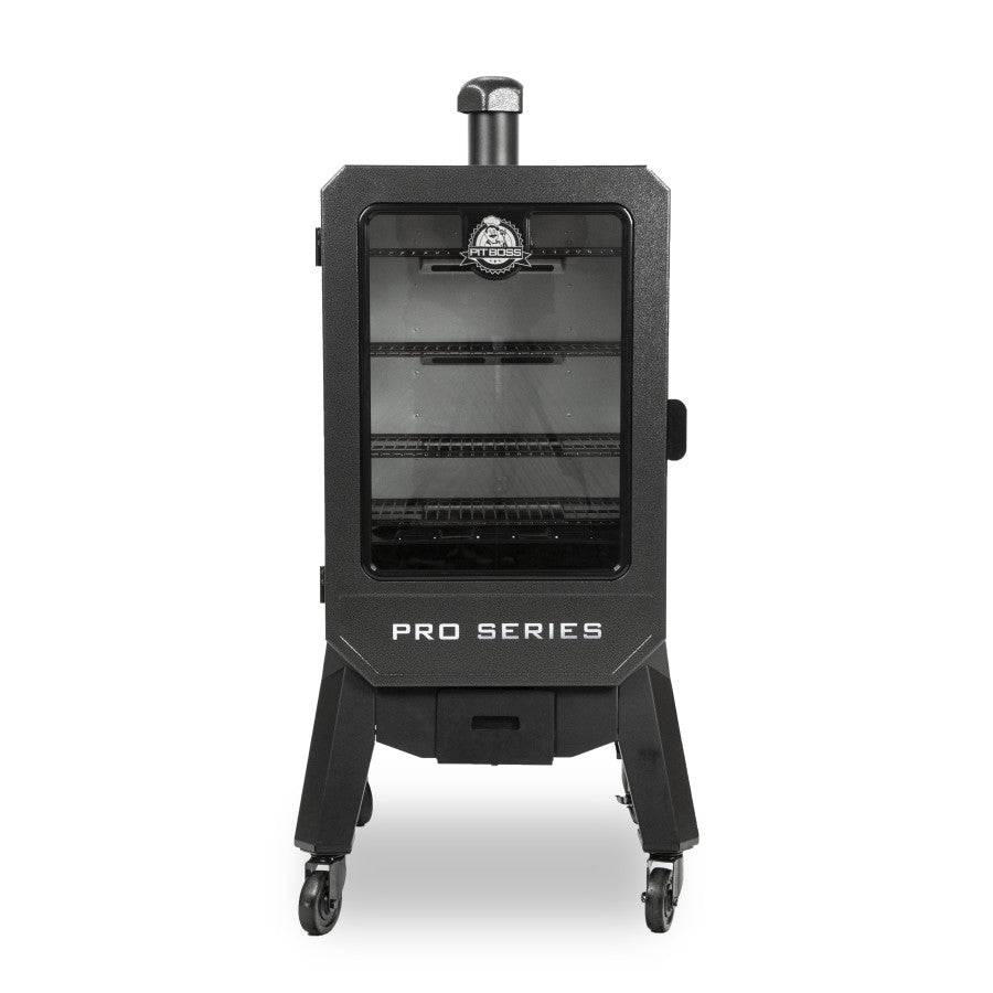 lifestyle_1, Black smoker with small Pit boss logo on transparent door and engraved "Pro Series" on front