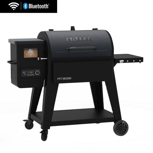 Pit Boss Navigator 850 Wood Pellet Grill with Wi-Fi, black and grey grill with wheels and hopper viewing window, and shelf. front closed barrel