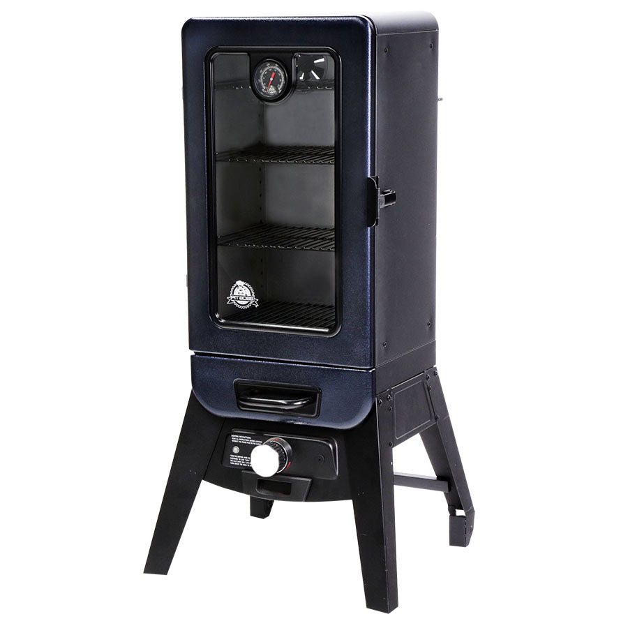 Black smoker with navy blue acccents. White Pit Boss logo on the front door. Clear glass door. Side view.