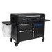 lifestyle_4, Black griddle with bright blue and silver accents with large blue "pit boss" logo. Shown with trash bag holder and trash bag