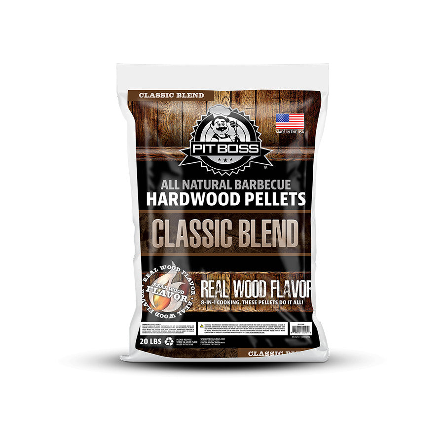 Pit Boss 20 lb Classic Blend Hardwood Pellets. Brown bag with white lettering. Large Pit Boss logo. Made in the US.