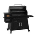 pit boss heritage wood pellet grill, side angle with shelf up and barrel open to reveal cooking grids