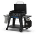 lifestyle_3, Black griddle with blue and silver accents. Large blue "Pit Boss" logo across front.  Top griddle portion shown 'lifted-off' the cart for portable function