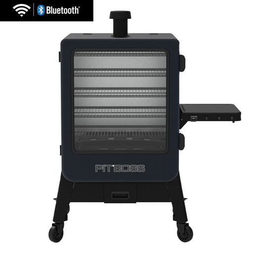 Pit Boss Navigator 6-Series Vertical Smoker, black and grey with chimney exhaust, side shelf and digital control board, front angle