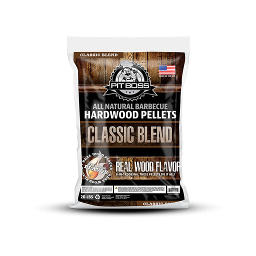 Pit Boss 20 lb Classic Blend Hardwood Pellets. Brown bag with white lettering. Large Pit Boss logo. Made in the US.