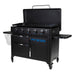 lifestyle_3, Black griddle with bright blue and silver accents with large blue "pit boss" logo. Side angle view. Grill hood open
