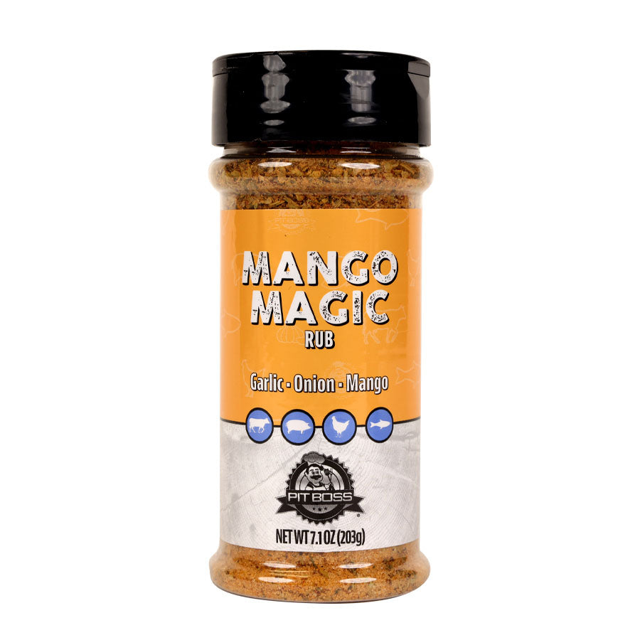 Pit Boss Mango Magic BBQ Rub Spice Bottle, Yellow and White label for seafood and chicken