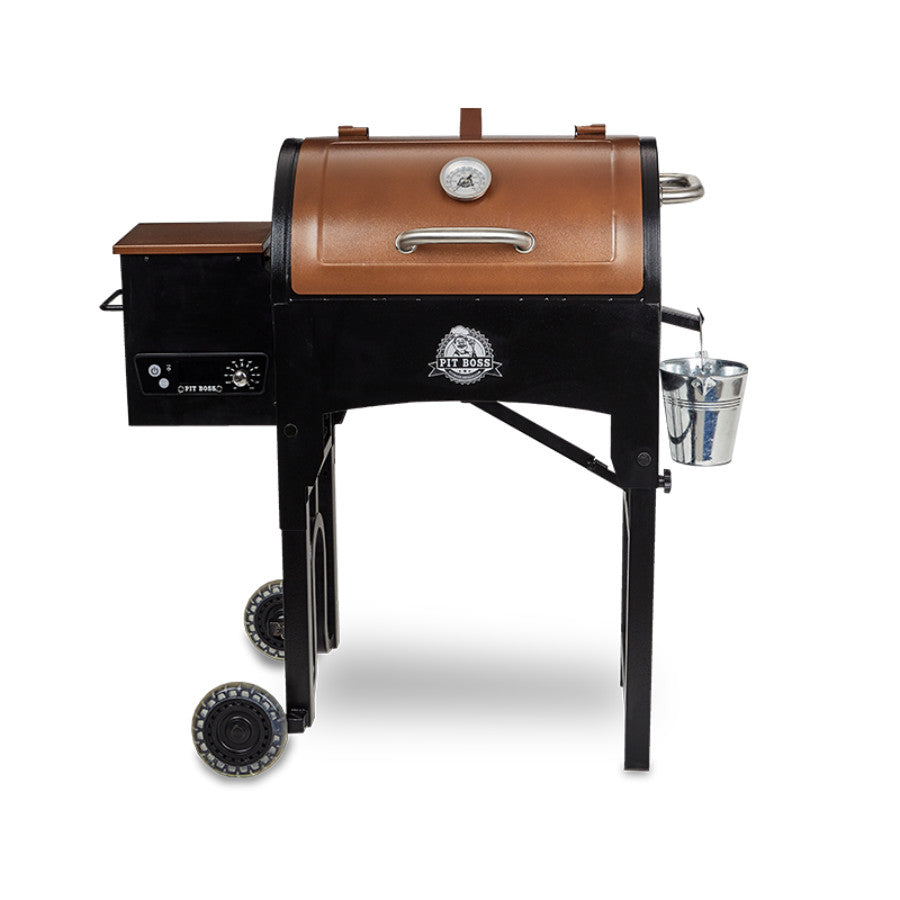 orangeish-brown and black grill with silver accents and Pit Boss logo