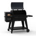 Pit Boss Navigator 850 Wood Pellet Grill with Wi-Fi, black and grey grill. side angle with barrel open