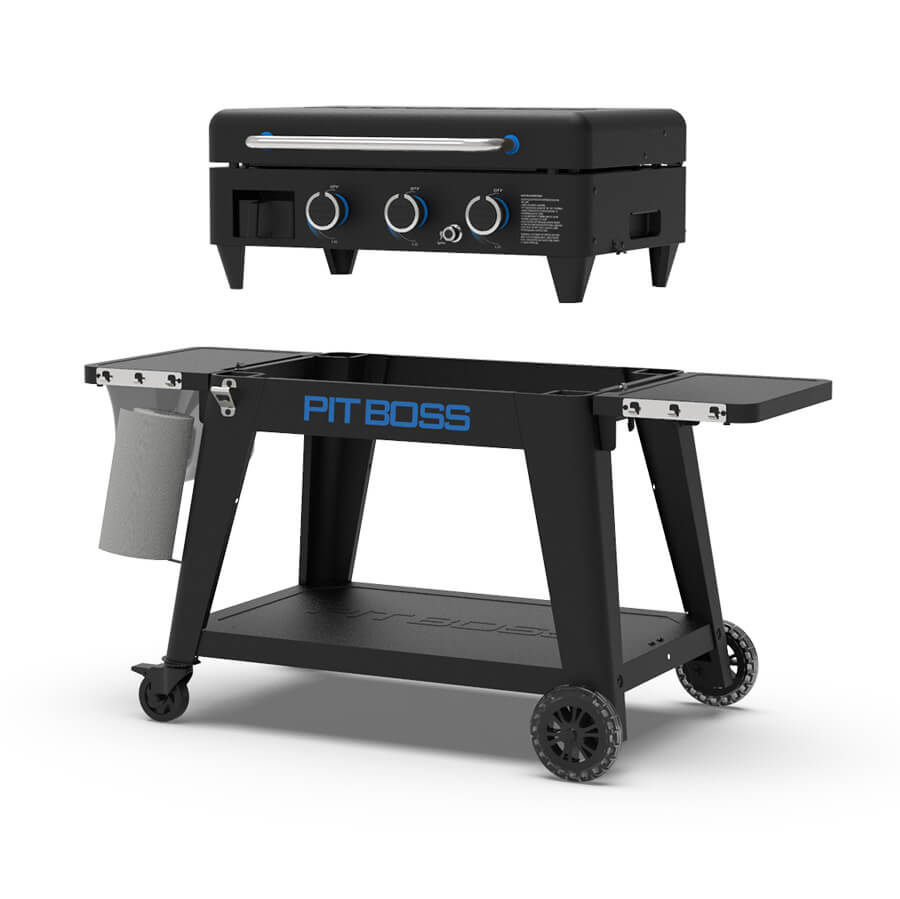 Pit Boss 3-Burner Ultimate Lift-Off Griddle. Black with blue accents. Pit Boss in blue across the front of the grill. Clear wheels.
