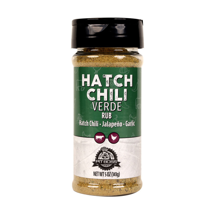 Pit Boss Hatch Chili Verde BBQ Rub Spice Bottle, Green and White label for chicken and beef