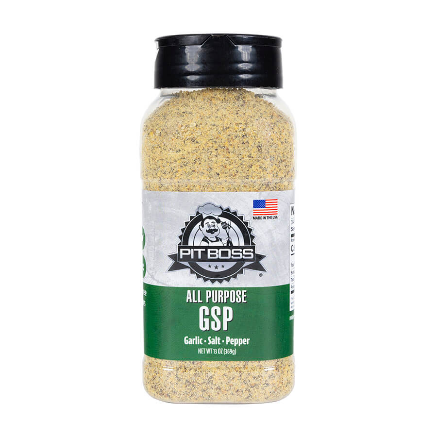 Pit Boss Grills All-Purpose GSP BBQ spice rub - green and white label on plastic bottle