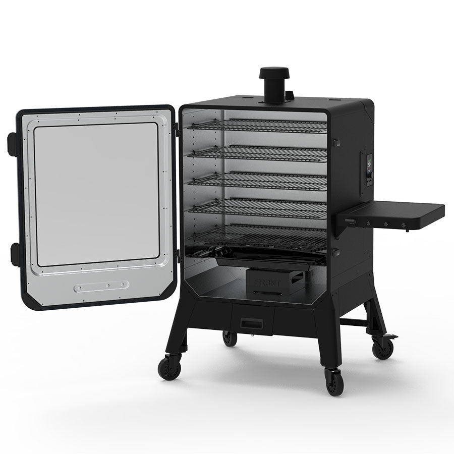 Pit Boss Navigator 6-Series Vertical Smoker, black and grey, side angle cabinet door open to show 5 cooking racks