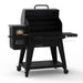 Pit Boss Navigator 1300M Wood Pellet Grill, black and grey smoker, side angle opened to reveal cooking racks