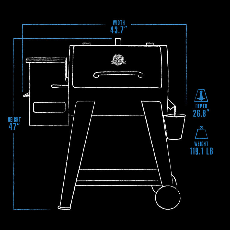 Pit Boss 700FB2 Grill Exterior Dimension line drawing, black with blue lines
