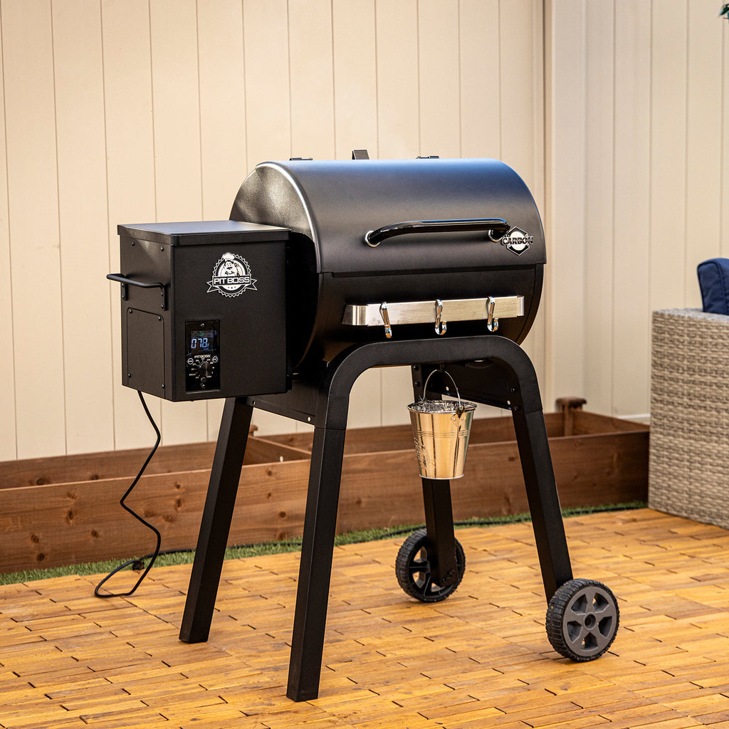 Pit Boss Carbon Series 500 wood pellet grill shown from side angle