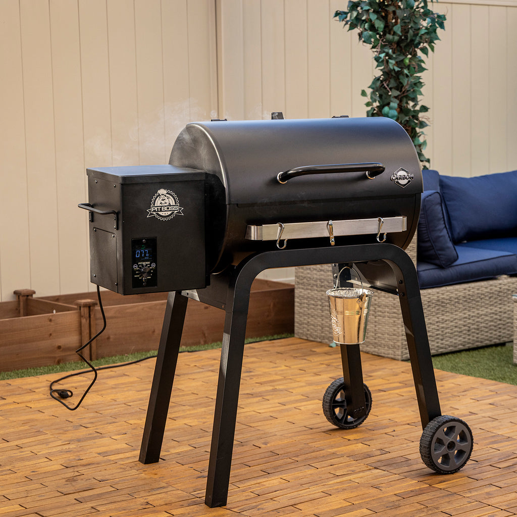 Pit Boss Carbon Series 700 wood pellet grill shown from side angle